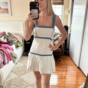 Urban Outfitters White Linen mini Dress with Blue Trim